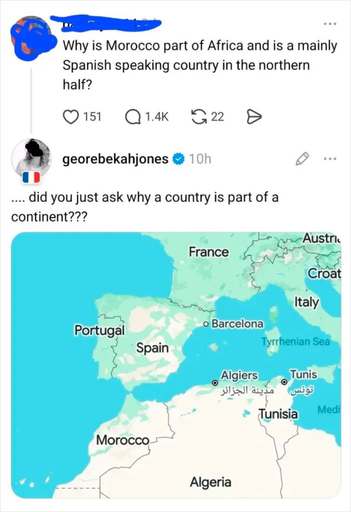 A social media post shows a user asking a seemingly obvious question about Morocco being part of Africa, highlighting a moment of perceived American stupidity.