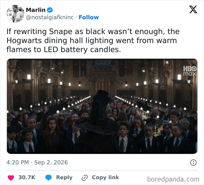 A social media post displays a wide shot of the Hogwarts dining hall, featuring students and LED battery candles.
