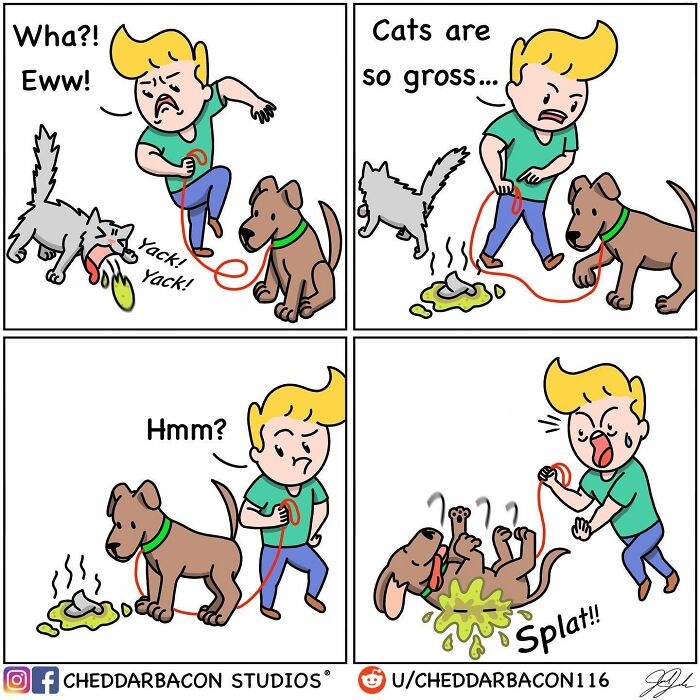 Hilarious comic: A man on a walk with his dog is disgusted by cat puke, but then his dog rolls in its own vomit.