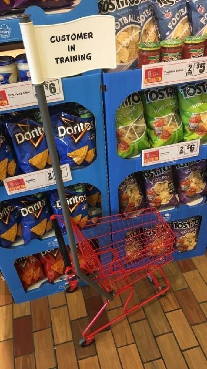 A small red shopping cart with a sign that reads CUSTOMER IN TRAINING, illustrating a sad world.