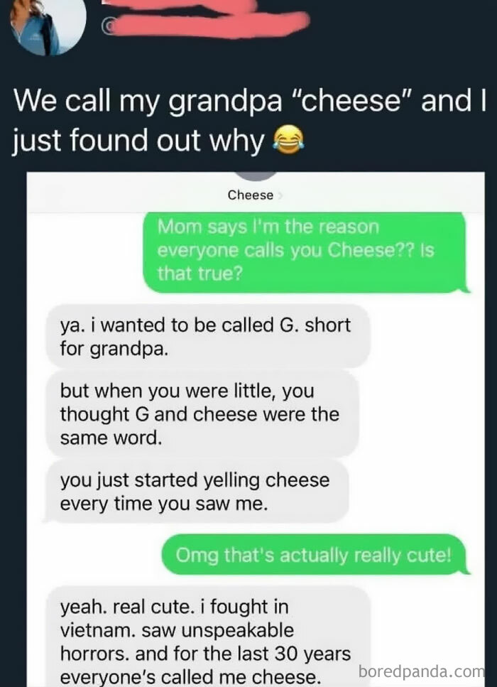 A screenshot of hilarious texts explaining why a grandpa is called Cheese, with a funny, dark twist.