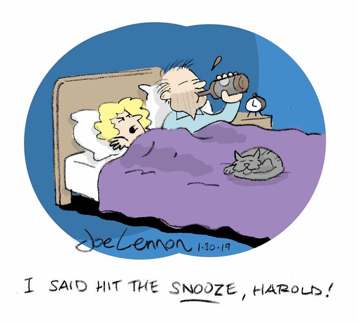 A Joe Lennon comic depicting a man in bed drinking from a bottle, while a woman yells at him.