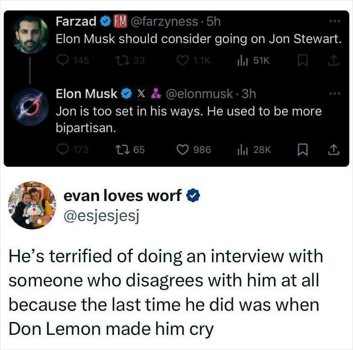 A Twitter thread discussing Elon Musk avoiding Jon Stewart, highlighting the harsh truth of his interview fears.