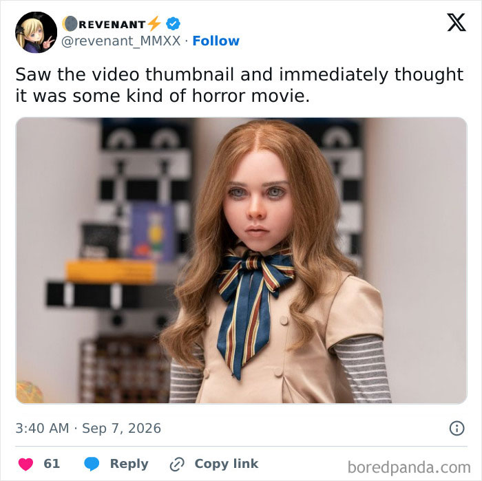 A tweet showing a doll with long hair and a bow, described as looking like a horror movie character in connection with Theranos fraud memes.