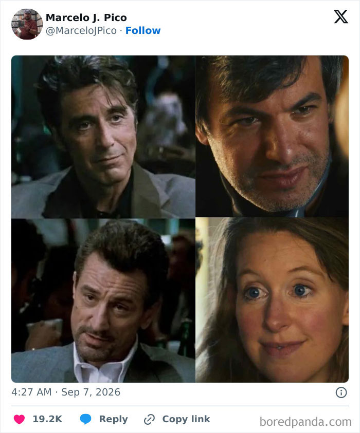 A four-panel meme showcasing different male actors and a smiling woman, contributing to savage memes on Theranos fraud.