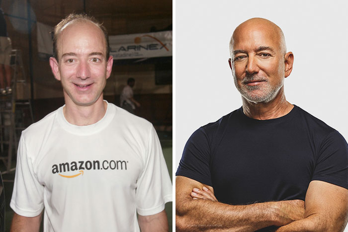 Jeff Bezos before and after looksmaxxing, showcasing procedures by plastic surgeons over the years.