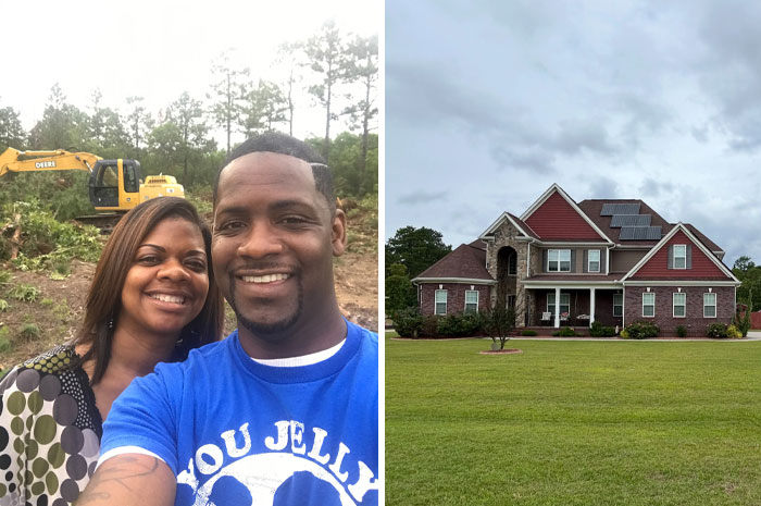 A split image showing a couple in front of an excavator and their new house, proving they found the right man.