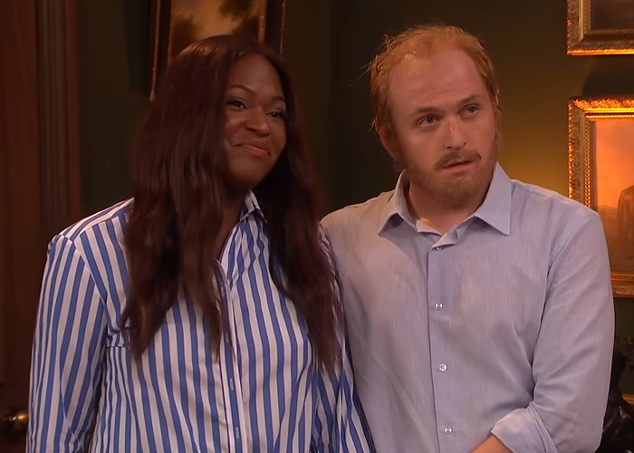 Actors portraying Meghan Markle and Prince Harry in an 'SNL UK' skit. Actors portraying Meghan Markle and Prince Harry in an 'SNL UK' skit.