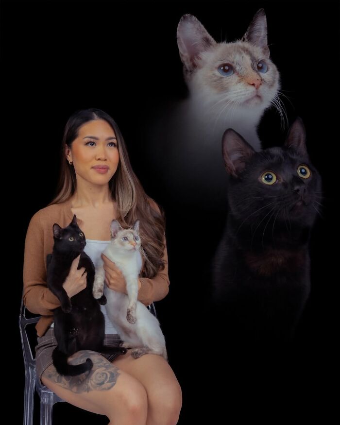 Quirky portrait of a woman holding two cats, with two ethereal cat portraits floating beside her, against a dark background.