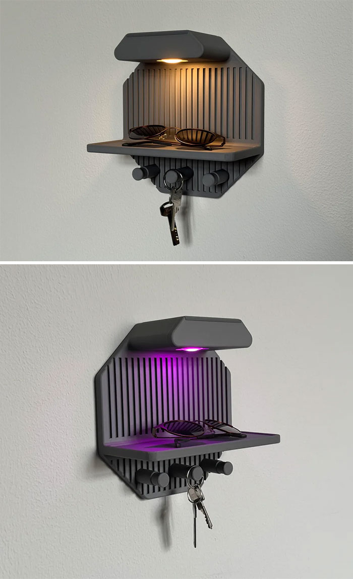 A stylish 3D printed wall-mounted organizer with changing LED lights, a functional item people needed and printed with their 3D printers.