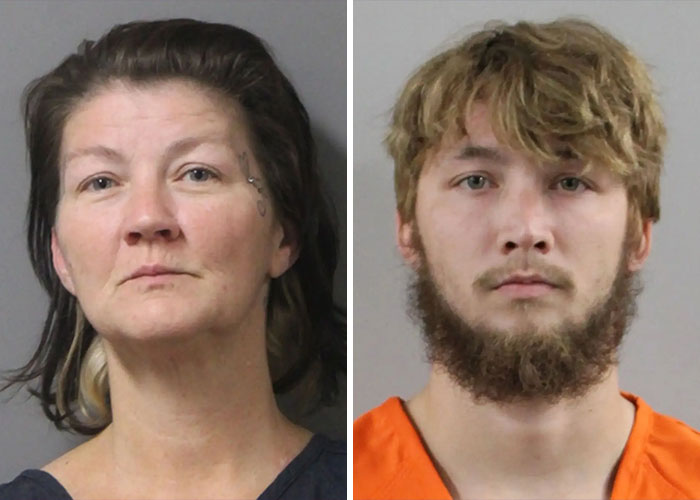 Mugshots of a mother and son, both charged after her damning confession to police.