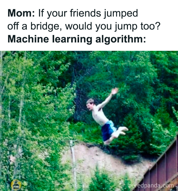 Machine learning algorithm humor with child jumping off bridge meme