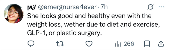 Social media post debating if weight loss in the supermodel viral transformation is from diet or surgery