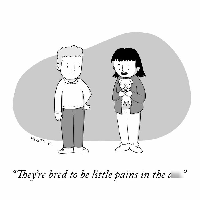 One-panel comics featuring a woman holding a small puppy with a man looking on