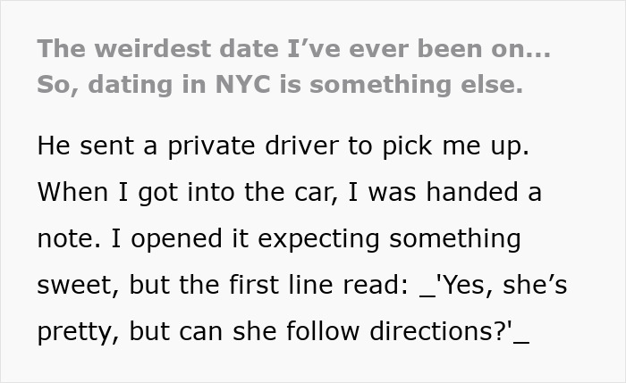 Text about a woman’s weirdest first date in NYC Text about a woman’s weirdest first date in NYC