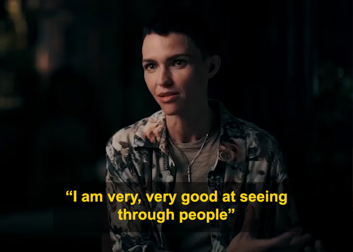 Ruby Rose on a TV show with text about seeing through people Ruby Rose on a TV show with text about seeing through people