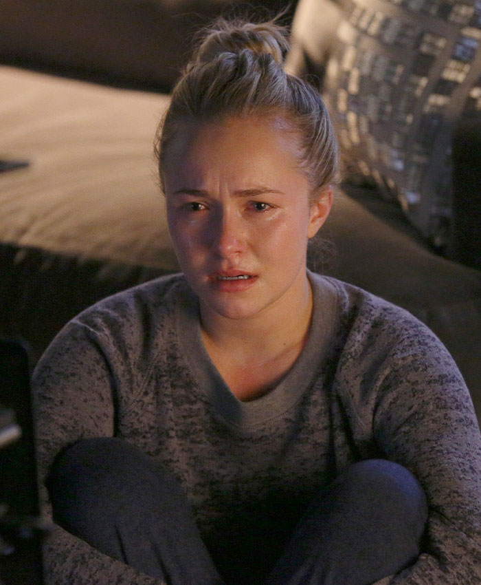 A distressed Hayden Panettiere crying in a grey sweater with her hair pulled back. A distressed Hayden Panettiere crying in a grey sweater with her hair pulled back.