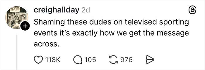 Social media comment about shaming men during televised sporting events