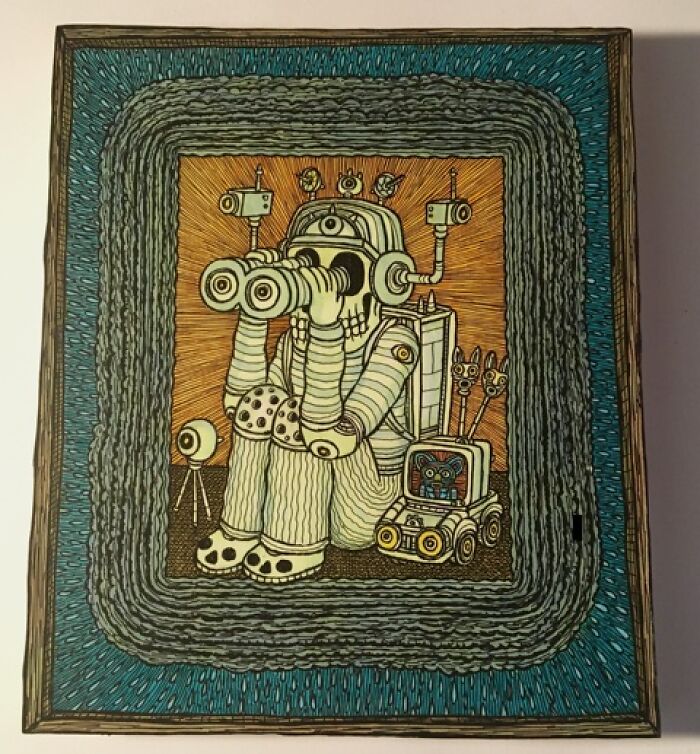 Robot with binoculars and gadgets in framed artwork by Theo Ellsworth