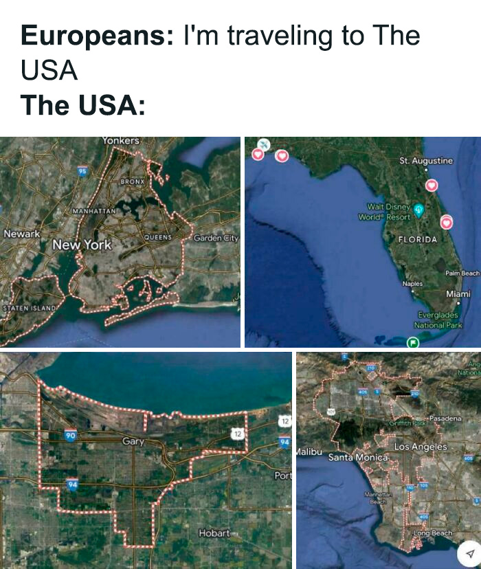 Maps humor showing confusing USA travel destinations for Europeans.
