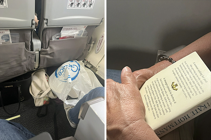Side-by-side images of baggage under seats and a person holding a book on a flight, featuring plane seatmate moments.