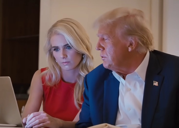 Donald Trump sitting next to his aide Natalie Harp while looking at a laptop
