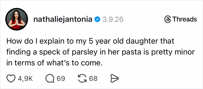 Social media post of parents sharing stories about a child crying over a tiny speck of parsley in their pasta.
