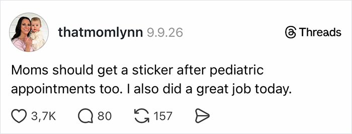 Social media post of parents venting about needing a sticker after a pediatric appointment.