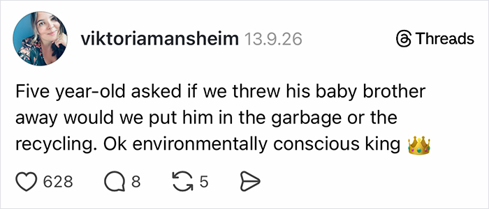 A Threads post where parents vented about a five year old asking how to throw away a baby brother