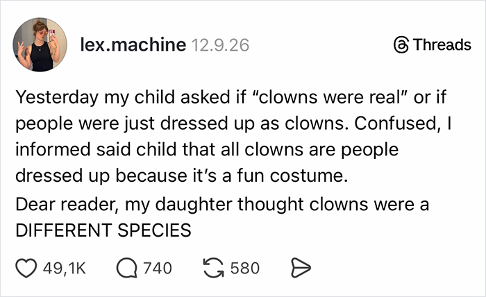A Threads post where parents vented about a child thinking clowns were a different species