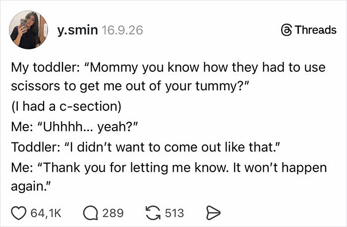 Threads post by y.smin showing how parents vented on social media about a toddler's c-section remark