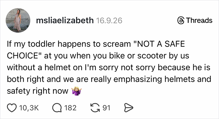 Threads post by msliaelizabeth showing how parents vented on social media about a toddler calling out safety