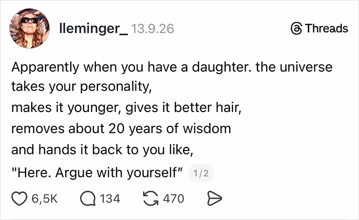 Threads post by lleminger_ about arguing with a daughter, showing how parents vented on social media