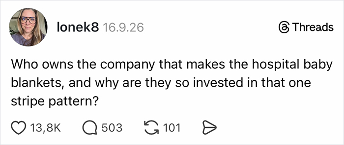 Threads post by lonek8 showing how parents vented on social media about hospital baby blankets