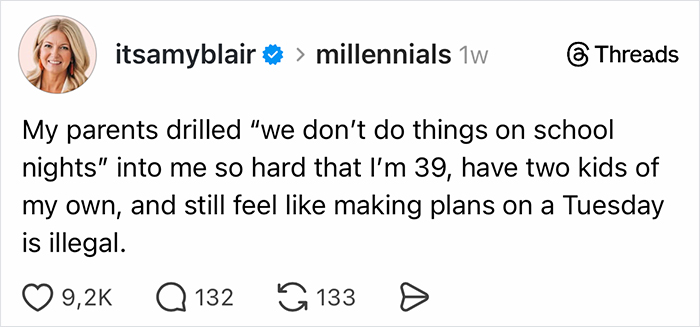 A Threads post where parents vented about the lifelong impact of not doing things on school nights.