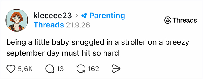 A Threads post where parents vented on social media about the cozy life of a baby in a stroller.