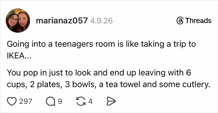 A social media post about how parents vented on social media comparing a teenager's room to a trip to IKEA.