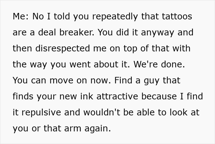 Text message response about a woman getting tattoos and her boyfriend leaving. Text message response about a woman getting tattoos and her boyfriend leaving.