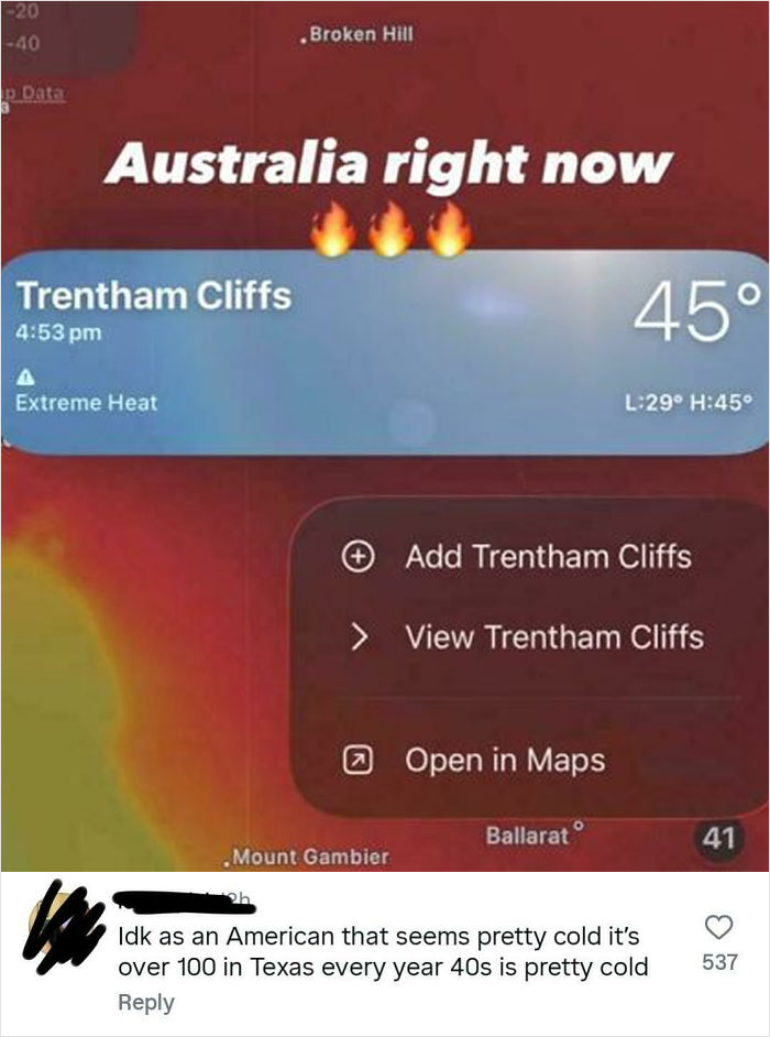 A screenshot showing Australia's weather at 45°C with a comment from an American stating it's cold, illustrating the stupid nation theme.