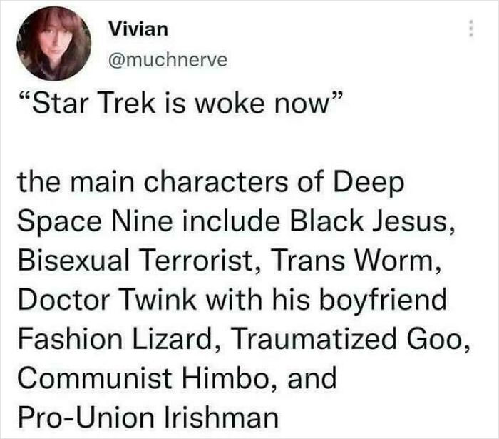 A social media post detailing the diverse and woke characters in Star Trek, revealing the harsh truth.