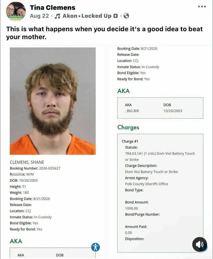 Mugshot of Shane Clemens and his booking details, significant to the mom and son charged narrative.