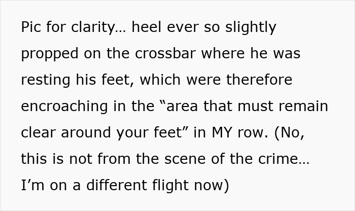 Text explaining how the entitled man's feet encroached under the woman's seat.