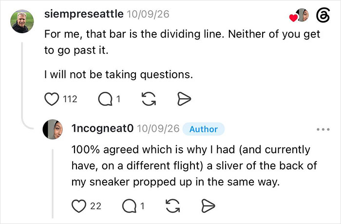 Entitled man kicks woman's seat, she agrees with a comment about a dividing bar under the seat.