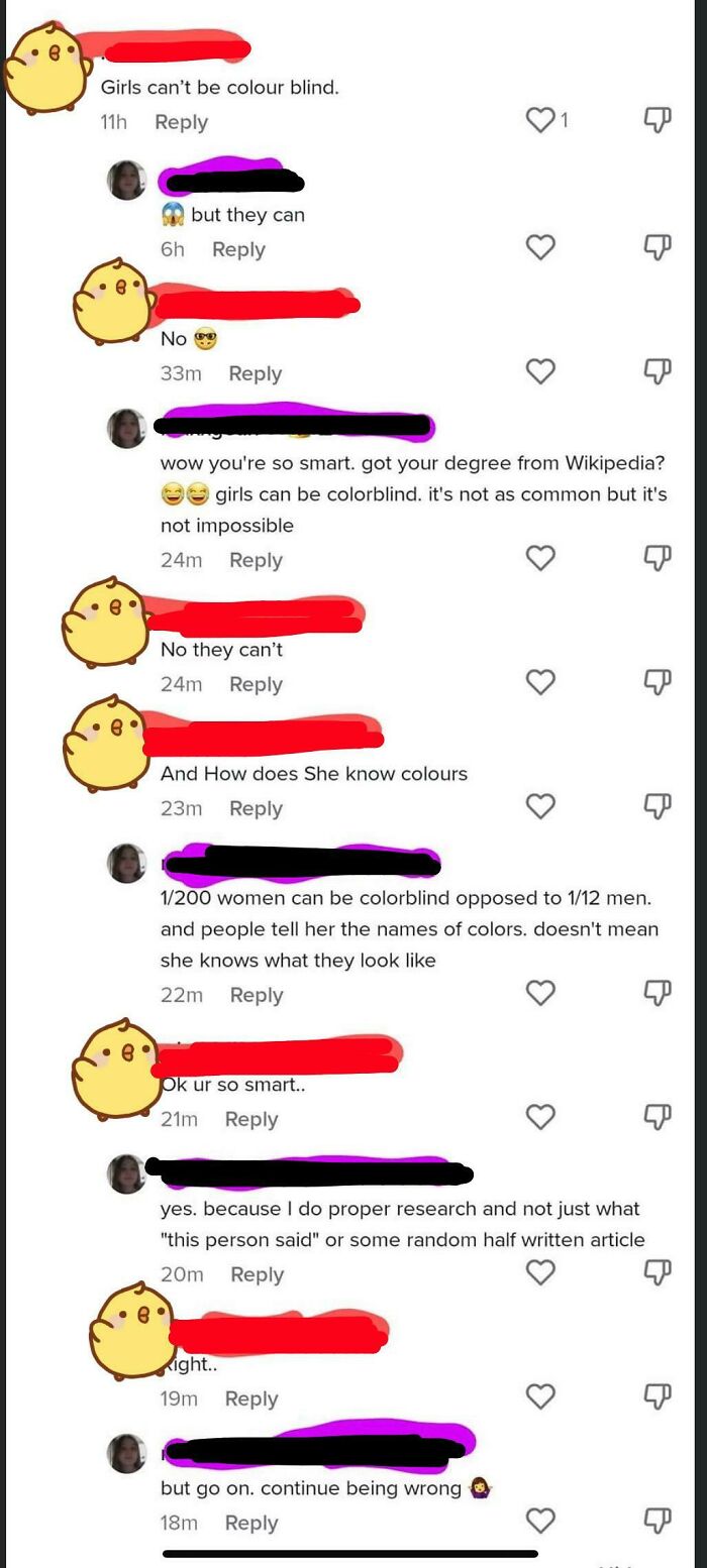 Online argument claiming girls can't be color blind with detailed rebuttal