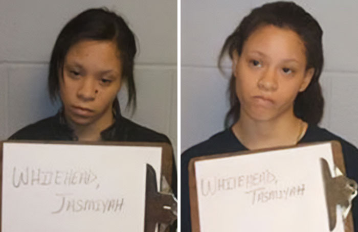 Mugshots of twins Jasmiyah and Tasmiyah Whitehead holding identification signs. Mugshots of twins Jasmiyah and Tasmiyah Whitehead holding identification signs.