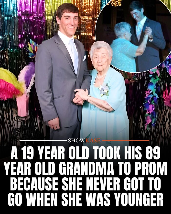 Wholesome stories: A young man smiles alongside his elderly grandmother at prom.