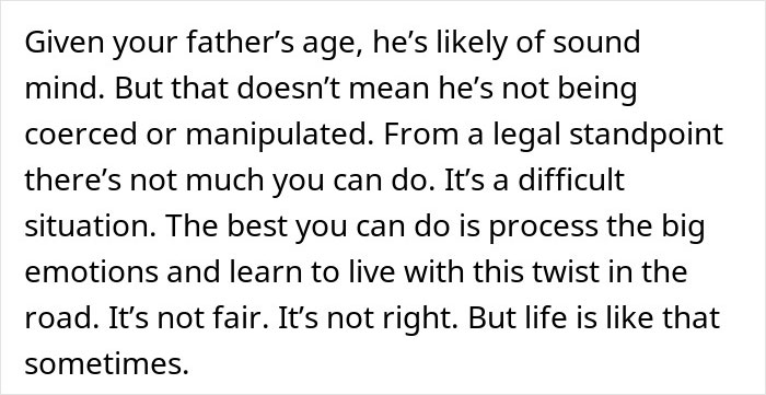 A comment on a widowed dad remarrying, stating that not much can be done legally, advising processing emotions. A comment on a widowed dad remarrying, stating that not much can be done legally, advising processing emotions.