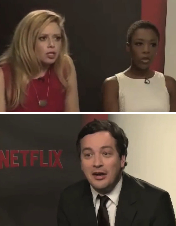Blonde and dark-haired female stars on an interview, putting men in their place with blunt reactions.
