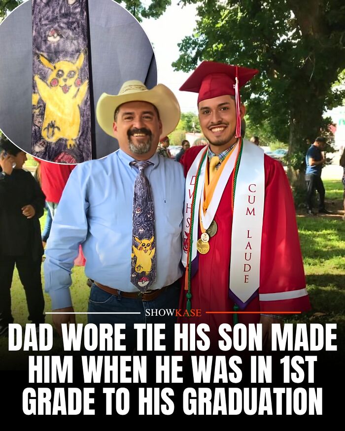 A wholesome story of a father wearing a Pikachu tie handmade by his son to the son's graduation