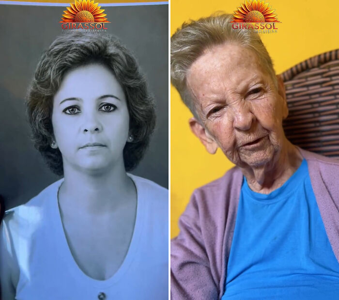 Brazil's heartwarming trend: a nursing home resident posing beside her younger self for a touching comparison.
